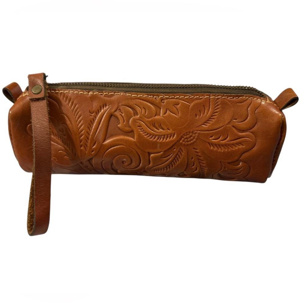 Patricia Nash Tooled Leather Wristlet Pouch Brown Zip Clutch